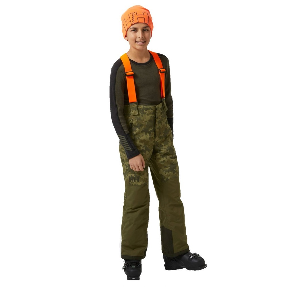 Helly Hansen Boys camo Snow Bib with Orange Suspenders
